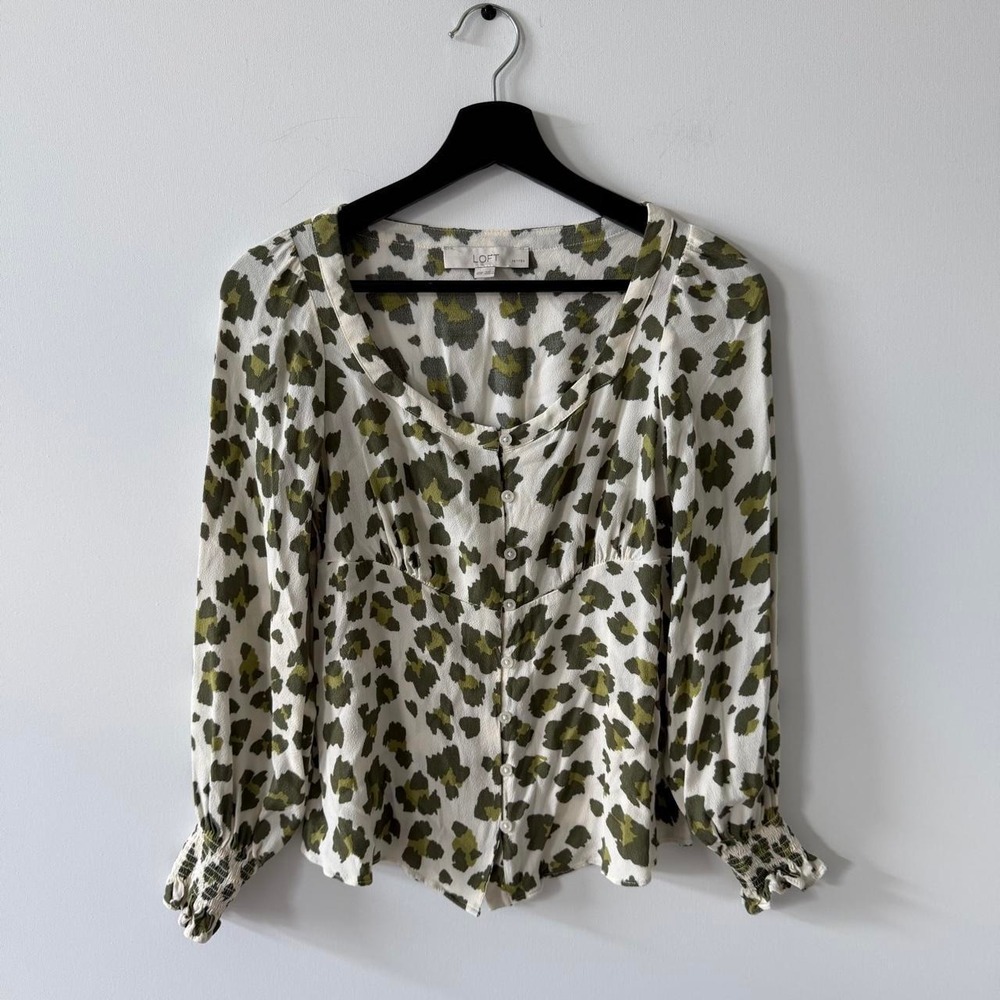 Loft Blouse Top Womens XXS Petite Green Leopard Print Rayon